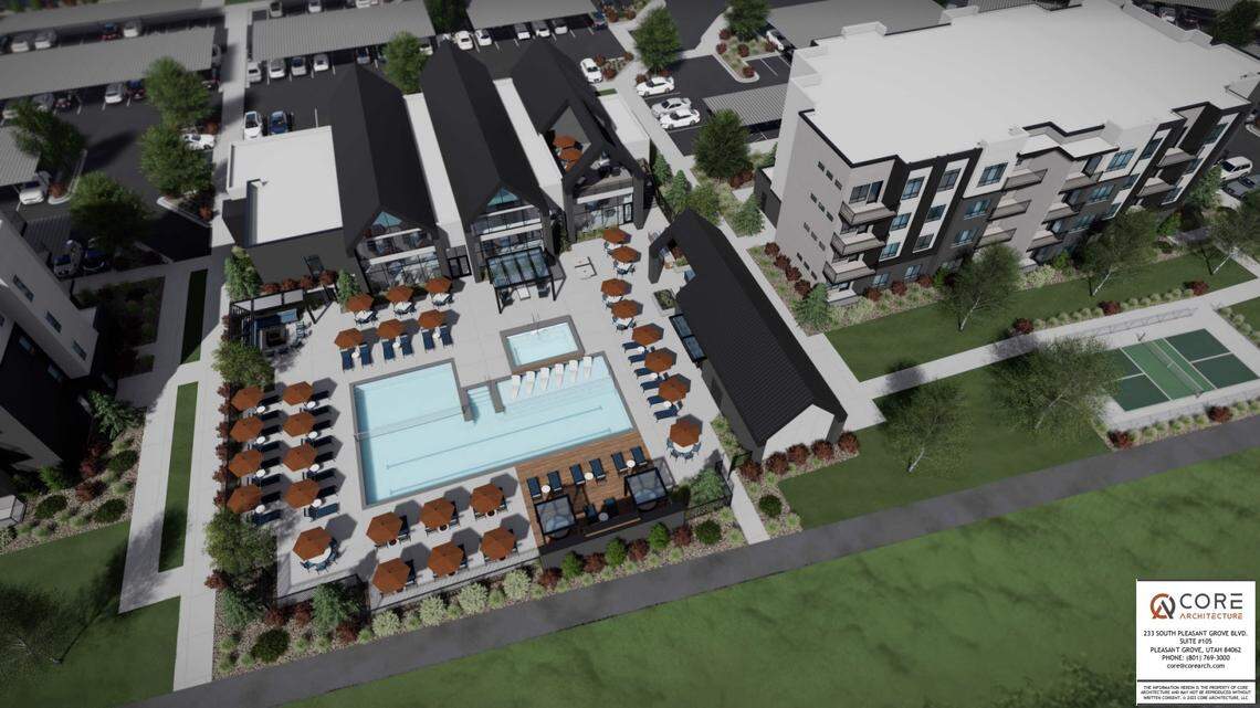 A rendering of the Ten Mile Creek Apartments proposed by Brighton Corp. at 153 S. Benchmark Way in Meridian shows the layout of the planned development.