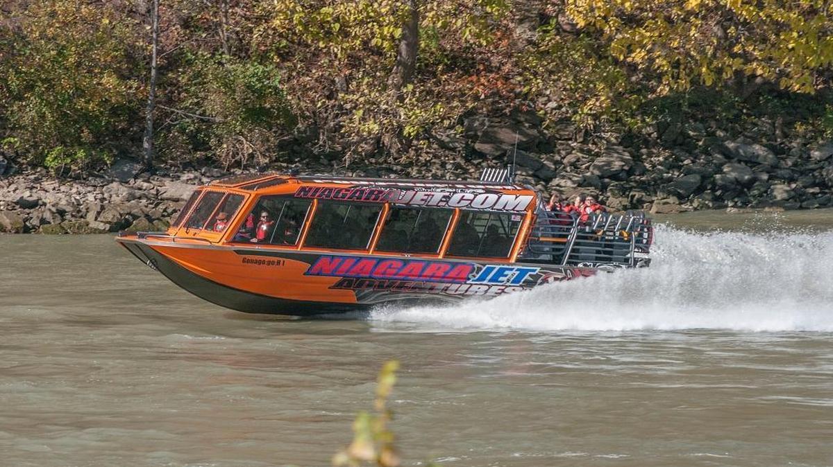 A Niagara Jet Adventures tour boat, from Youngstown, New York, takes passengers on a thrill ride in the Niagara Gorge rapids on the Niagara River in Niagara Falls, N.Y.