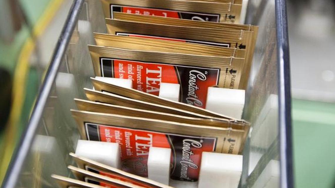 Packets of Constant Comment, Bigelow Tea’s biggest seller, are shuttled through a packaging machine at the plant in Boise in 2012.