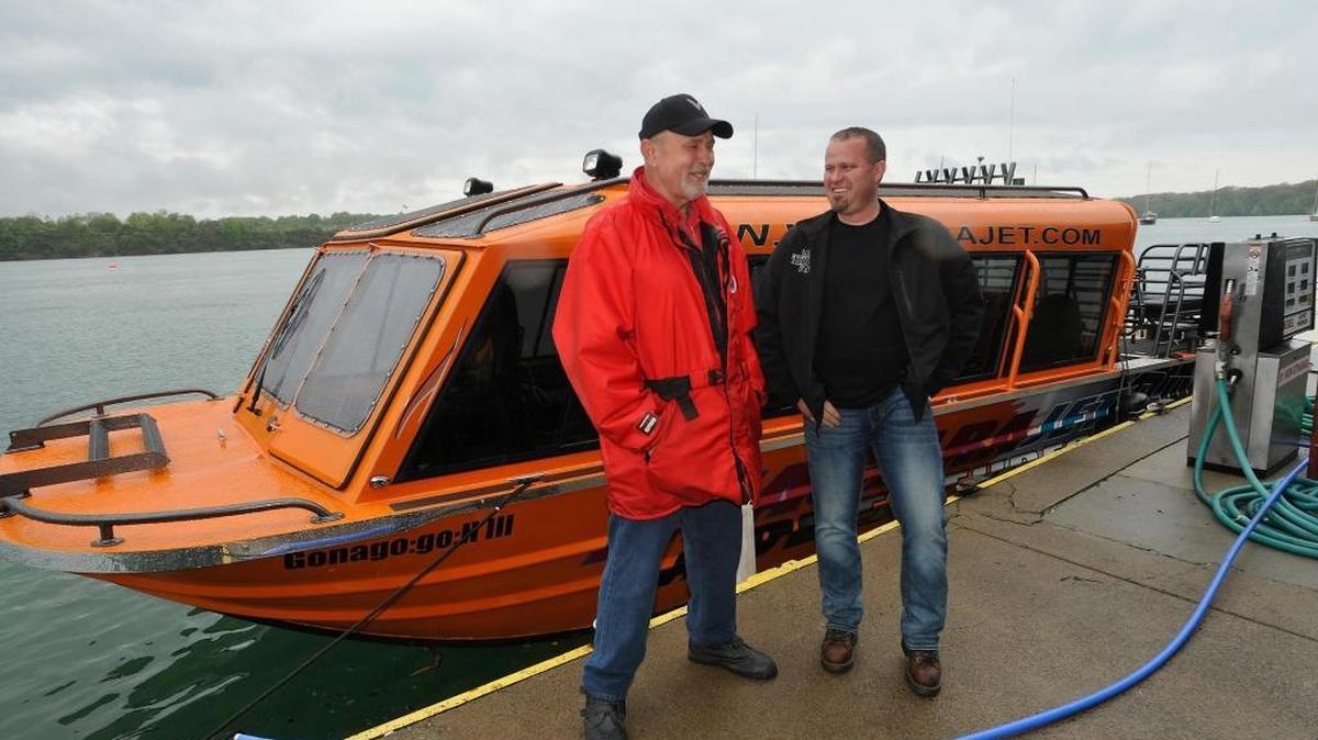 Christopher Bohnenkamp, right, stands next to former Niagara Jet Adventures partner Mike Fox in front of one of their passenger tour jet boats, built by Bohnenkamp. Fox has since sued Bohnenkamp, saying he was owed millions for boats he paid Bohenkamp to build, but were never finished. Fox also claimed Bohnenkamp worked in concert with Fox’s attorney to trick him out of his share of the business.