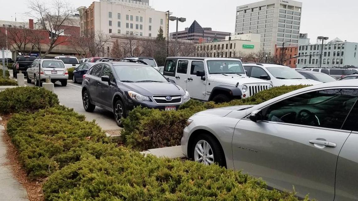 The north side of the parking lot that will be used for the Westside District Urban Park looks east toward Downtown Boise.