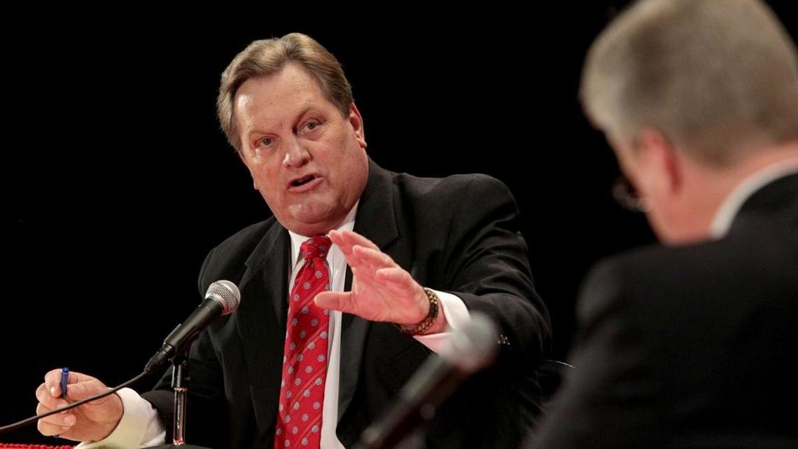 U.S. Rep. Mike Simpson debates challenger Bryan Smith in this 2014 file photo. Smith is again challenging Simpson, but Simpson has refused to participate in a debate on Idaho Public TV.