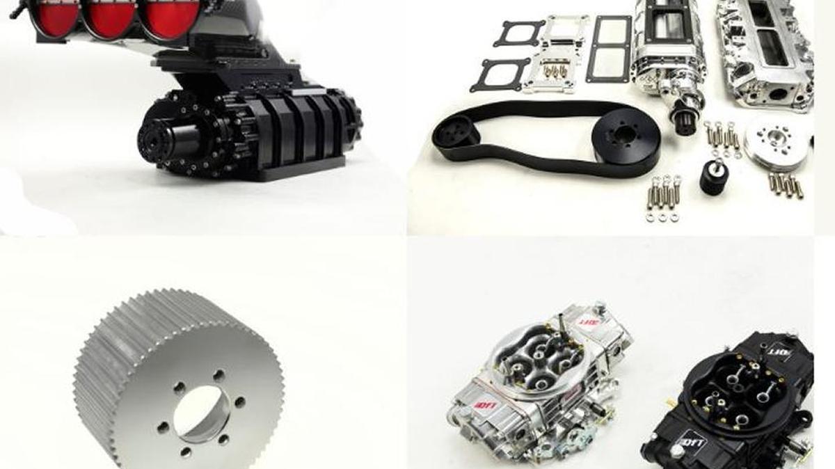 The Blower Shop’s website displays some of the high-performance engine parts the company makes, including, clockwise from from upper left: blowers, supercharger packages, belts and pulleys and carburetors and adapters.