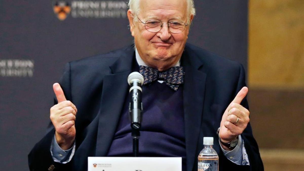 Angus Deaton, 69, gestures at an Oct. 12 gathering at Princeton University after it was announced that he won the Nobel prize in economics for improving understanding of poverty and how people in poor countries respond to changes in economic policy.