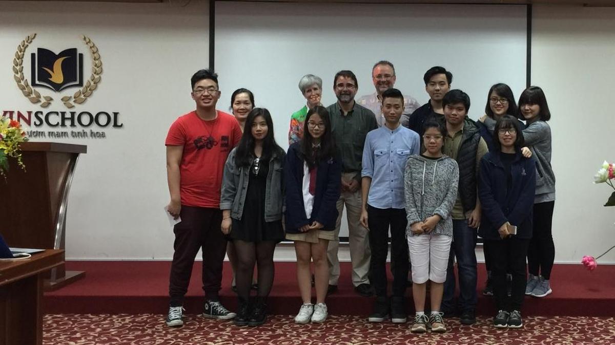 Students from the VinSchool join members of a visiting delegation from Boise State University last week in Hanoi.