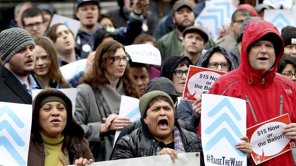 Backers of a $15 minimum wage rally in January at the Oregon State Capitol in Salem. Lawmakers later passed a bill raising Oregon’s minimum to $14.75 in Portland, $13.50 in its suburbs and $12.50 in rural areas by 2022.