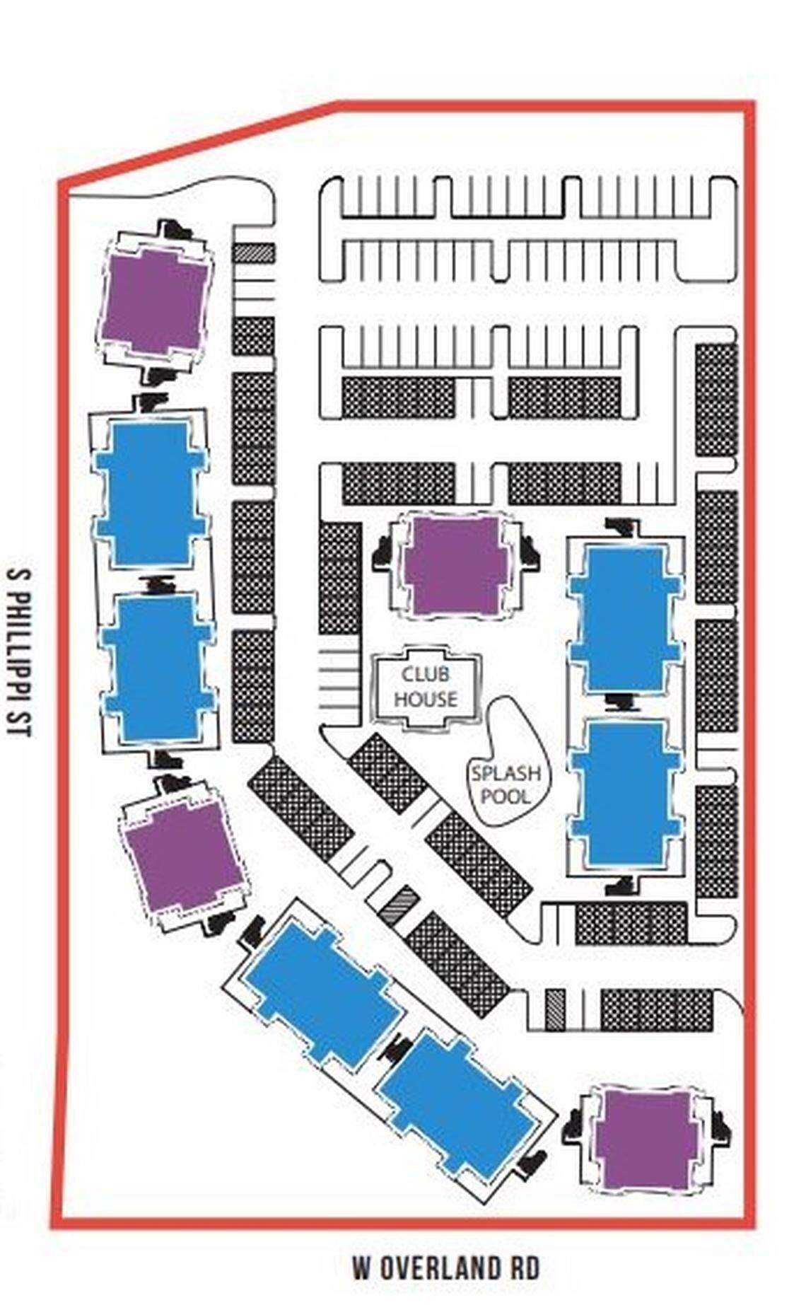 This sketch of a 2014 plan for apartments appeared in a 2016 sales flyer published by Capital Pacific, a commercial real estate agency. The purple buildings were to be one-bedroom apartments, the blue ones two-bedroom, and the black rectangles covered parking.