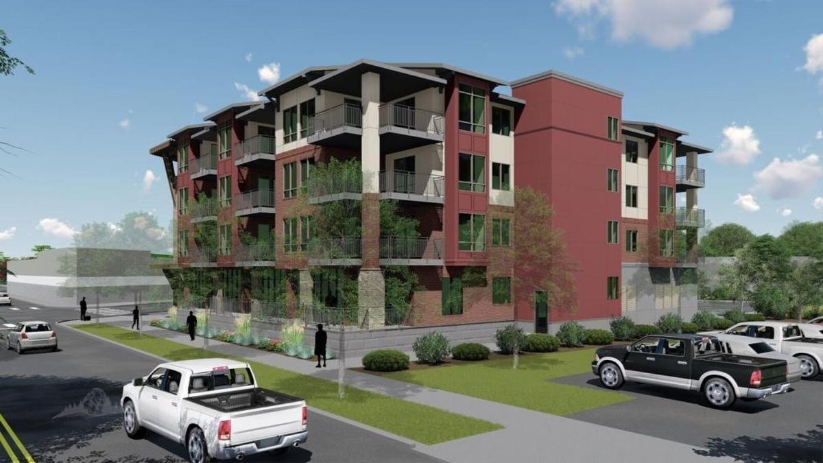 An artist’s rendering of the condominiums and ground floor commercial space planned for the old Baird’s Dry Cleaners site at 8th and Fort streets in Boise. This view shows the Fort Street side of the building.