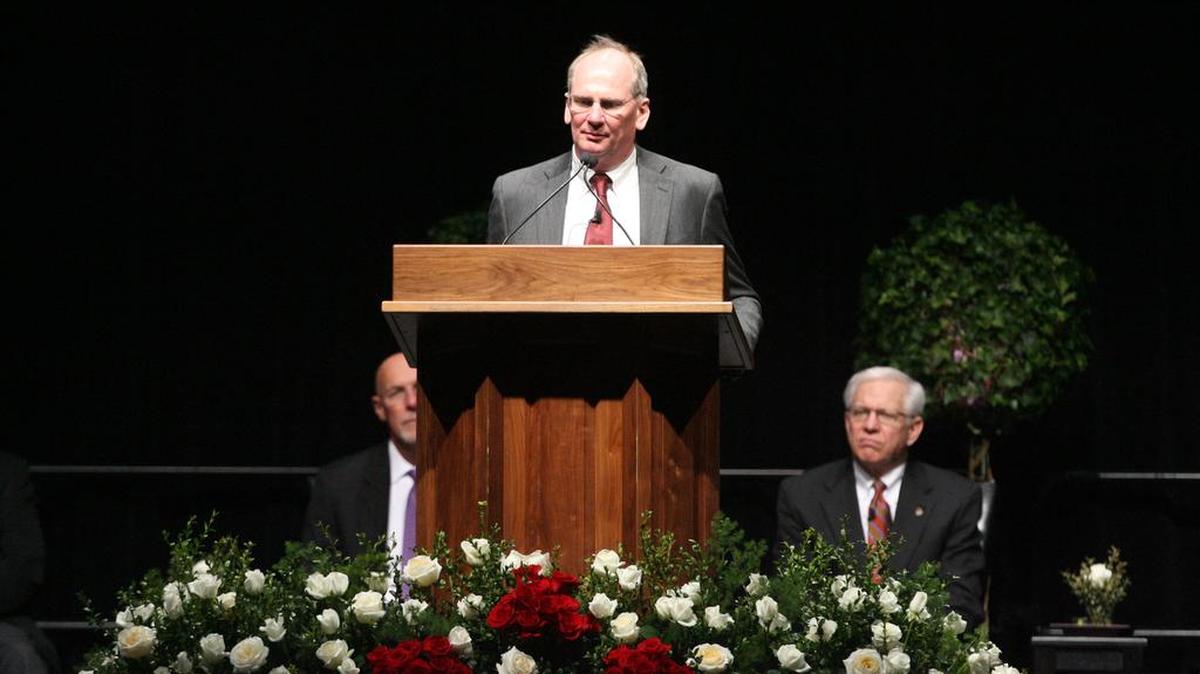 Mark Durcan, who replaced Steve Appleton as CEO of Micron, speaks about his predecessor at a memorial service at Boise State on Feb. 23, 2012. Appleton died in a plane crash on Feb. 3.