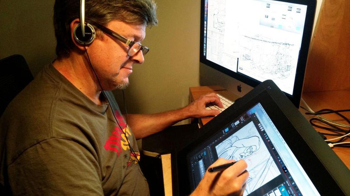 Animator Jeff Myers, a Nampa resident, works on his tablet at his studio in Burbank, California, where he has done work for “The Simpsons” and other shows.