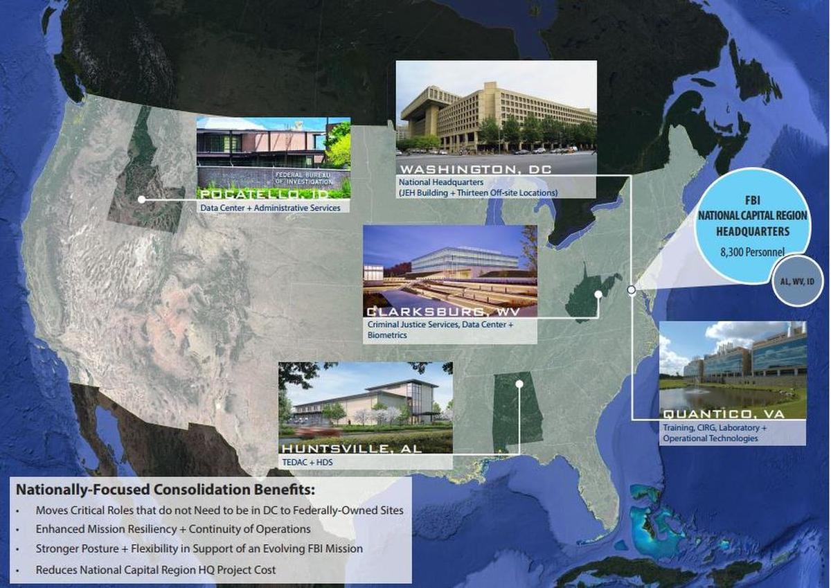 How the FBI and General Services Administration propose to shift some FBI jobs away from Washington, D.C. This map is from a document the agencies released Monday.