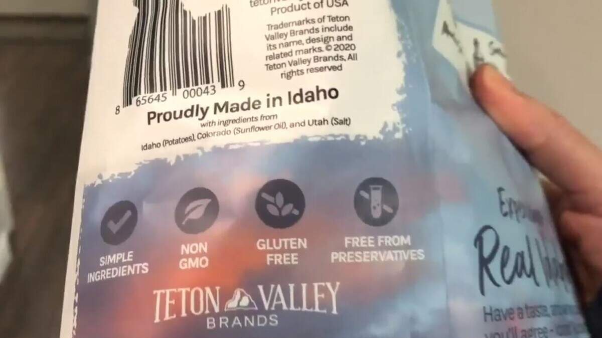 The bag of Teton Valley chips names the states where the chips’ potatoes, sunflower oil and salt came from.