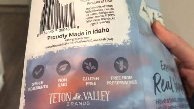 The bag of Teton Valley chips names the states where the chips’ potatoes, sunflower oil and salt came from.