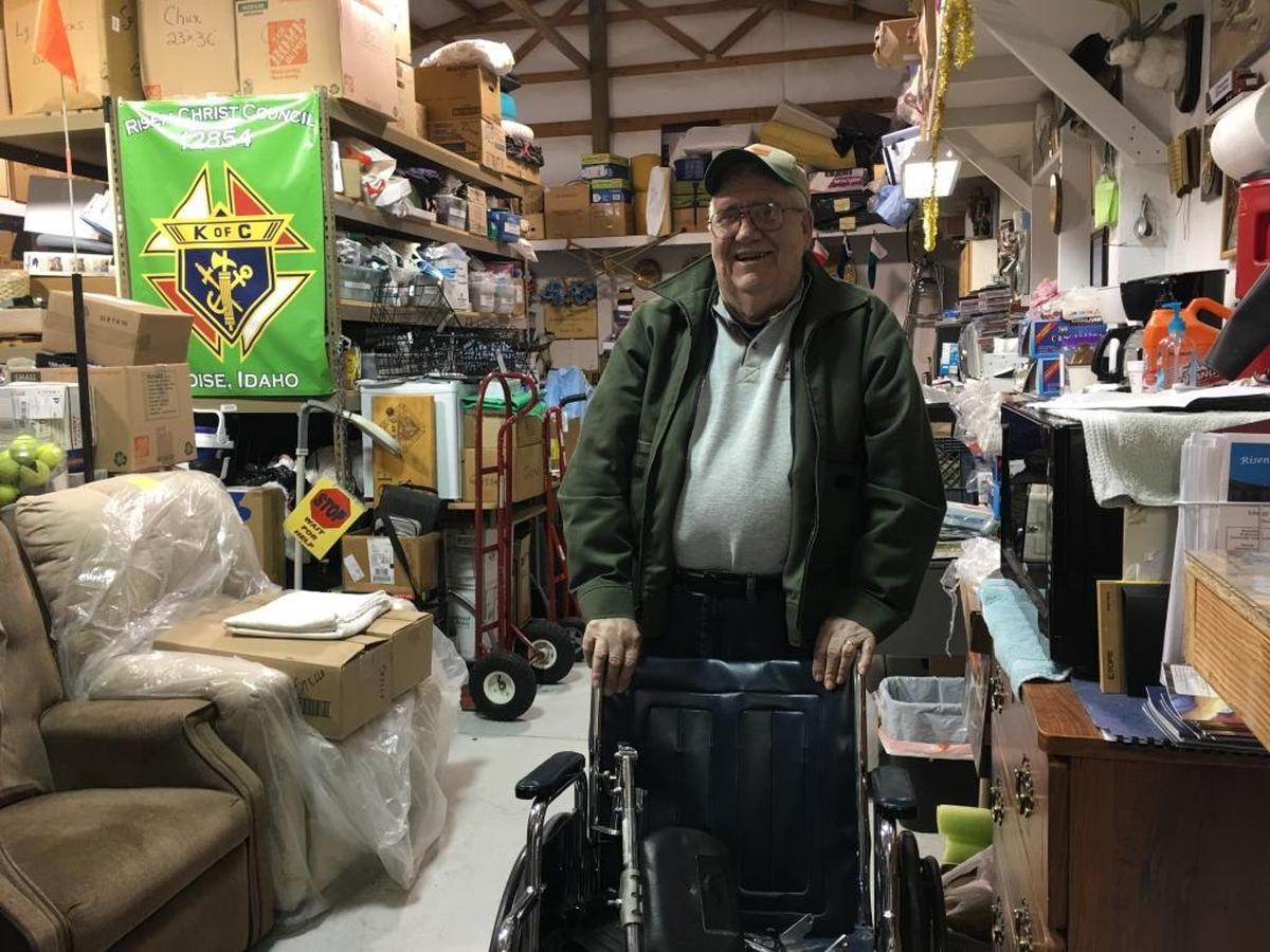 Ted Ayers of Boise upgraded his ailing wife Peggy’s wheelchair on a recent Thursday, after she broke her foot and needed one that would allow her to elevate her leg. The Knights of Columbus are a lifesaver to people on fixed incomes, he said.