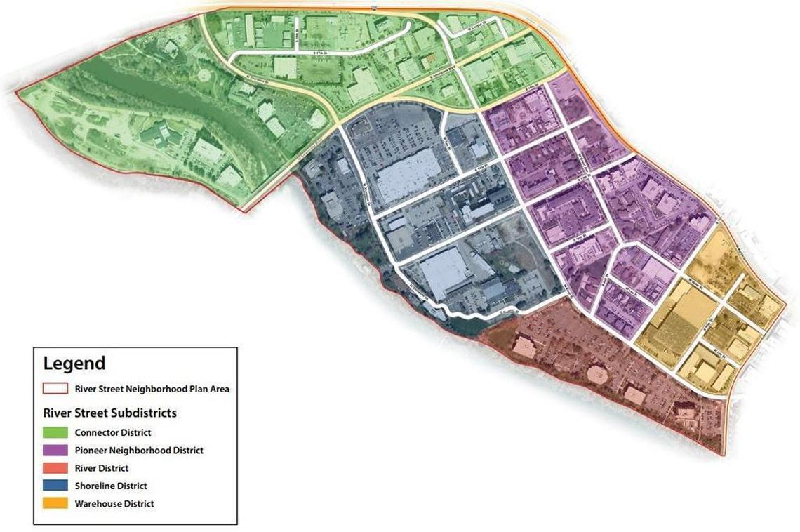 This map, also part of Boise’s River Street master plan, divides the neighborhood into five areas.