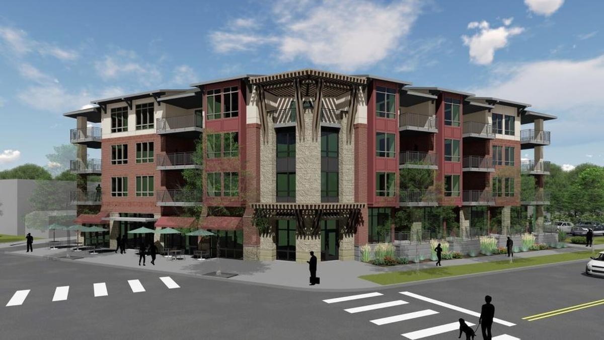 Artist’s rendering of the condominiums and ground floor commercial space previously planned for the old Baird’s Dry Cleaners site at 8th and Fort streets in Boise. The site is now planned to become church office space.