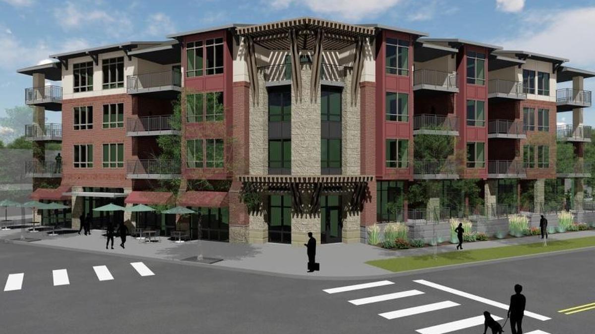 Artist’s rendering of the condominiums and ground floor commercial space previously planned for the old Baird’s Dry Cleaners site at 8th and Fort streets in Boise. The site is now planned to become church office space.