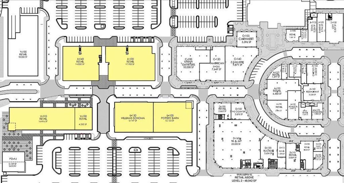 A page from a CenterCal brochure shows Pottery Barn and Williams Sonoma as tenants. The Statesman highlighted expansion areas in yellow.