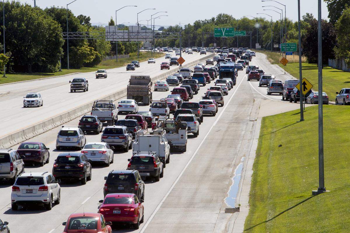 Westbound traffic backs up on the Interstate 184 Connector going out of Boise during an evening rush hour.
