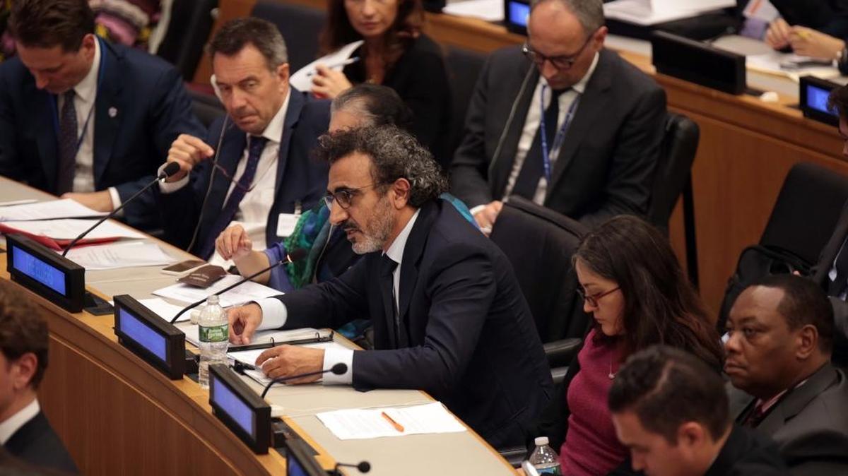 Chobani founder Hamdi Ulukaya speaks Sept. 19 at a UN Summit for Refugees and Migrants in New York. Ulukaya founded the Tent Foundation to help fund aid to refugees.
