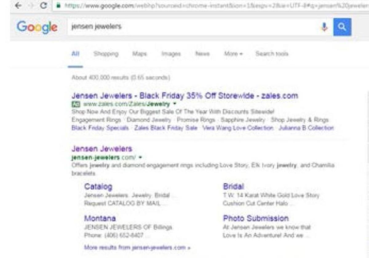A Google word search for “Jensen Jewelers” before Black Friday 2016 returned an ad for the Twin Falls company, but the link went instead to competitor Zales Jewelers. Jensen Jewelers is suing Zales in federal court in Boise. This out-of-focus copy of the ad is included in the lawsuit.