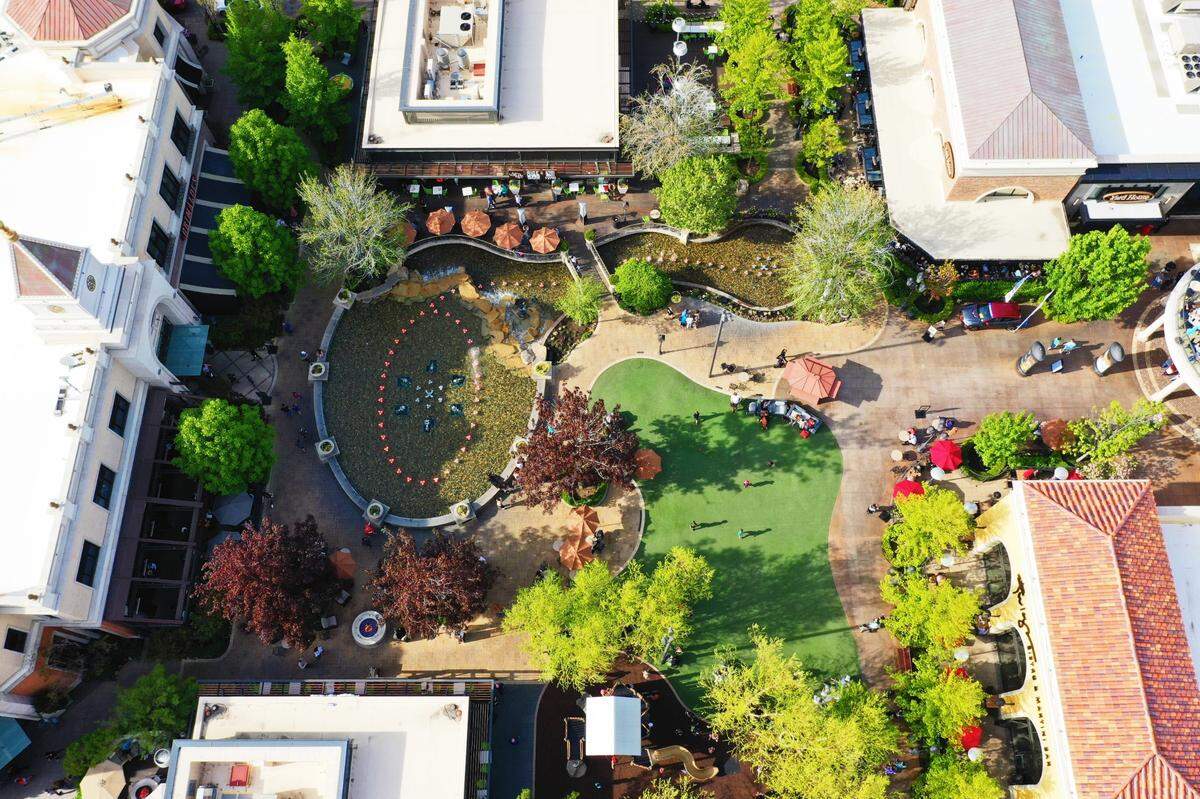 An aerial view of the Village at Meridian. 