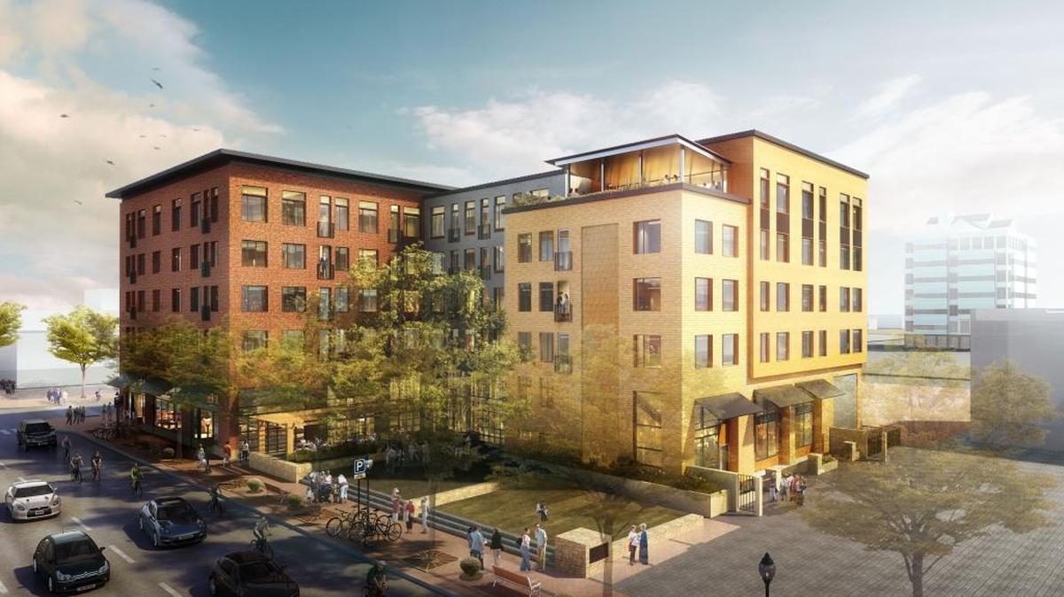 The new apartment building at 5th and Idaho streets will include a small public park through a collaboration with Boise Parks and Rec. It’s the first of its kind in Downtown Boise. The Davies Reid Building, which is just to the west of the project, is not visible in this artist’s rendering.
