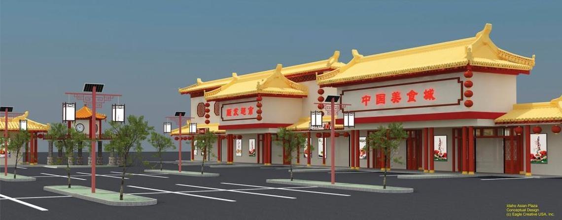 An artist’s conception of the changes coming to the former Library Plaza as it becomes a Chinatown-themed commercial development.