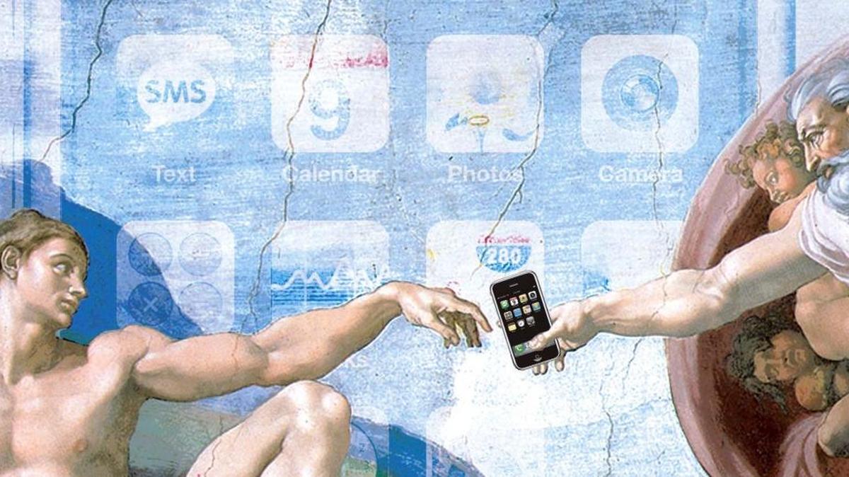 Technological innovation is one way living standards advance, Ed Lotterman writes. God hands an iPhone to Adam; adapted from Michaelangelo’s “Creation of Adam.”