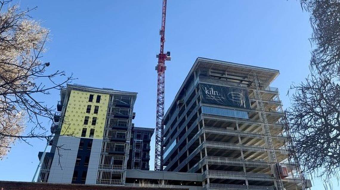 The Bannock towers under construction on Dec. 3. The developer expects the building to open in summer 2026.
