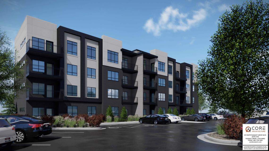 This rendering shows one of four buildings in the proposed Ten Mile Creek Apartments in Meridian.