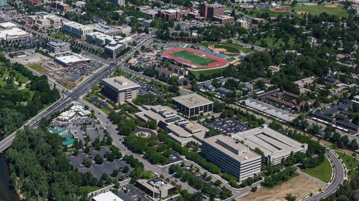 The former Morrison Knudsen Co. campus north of the Boise River is now owned by St. Luke’s Health System. This view looks northwest. St. Luke’s Downtown hospitals are the complex of red buildings at top center.