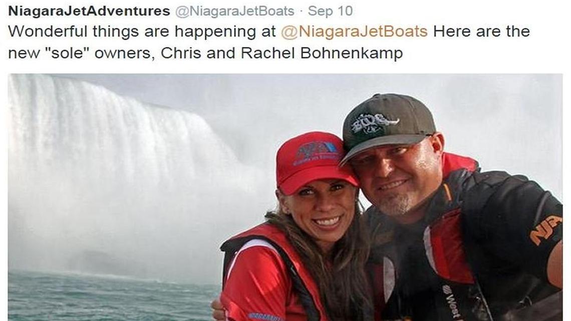 Christopher Bohnenkamp, the former Boise jet-boat maker, with his wife, Rachel, at Niagara Falls.