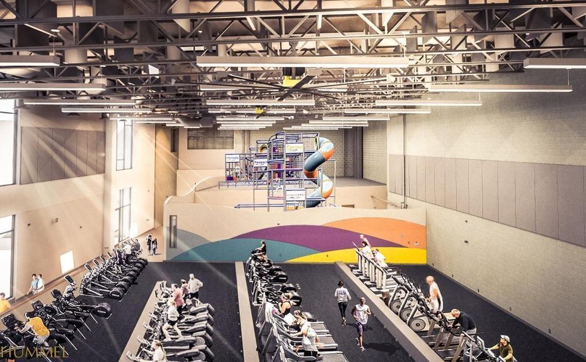 An artist’s rednering of the fitness room, which will have cardiovascular machines and a four-level family play structure called the Adventure Zone.