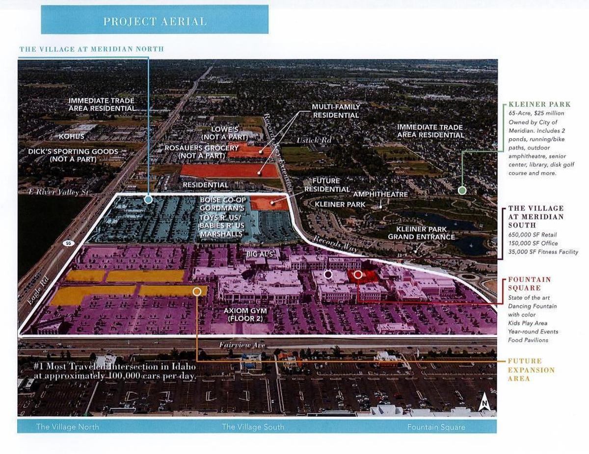 A page out of CenterCal Properties’ current marketing brochure for The Village at Meridian shows the anticipated expansion area, highlighted in orange at front left.