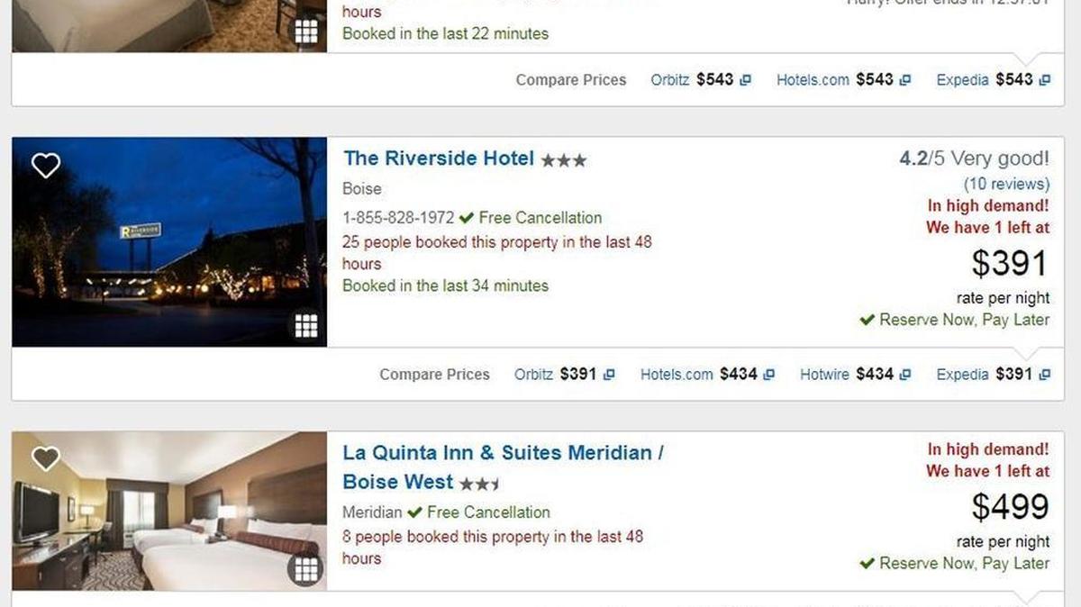 Partial results of a search on Travelocity on Thursday of Boise-area hotels with rooms available Sunday and Monday nights.
