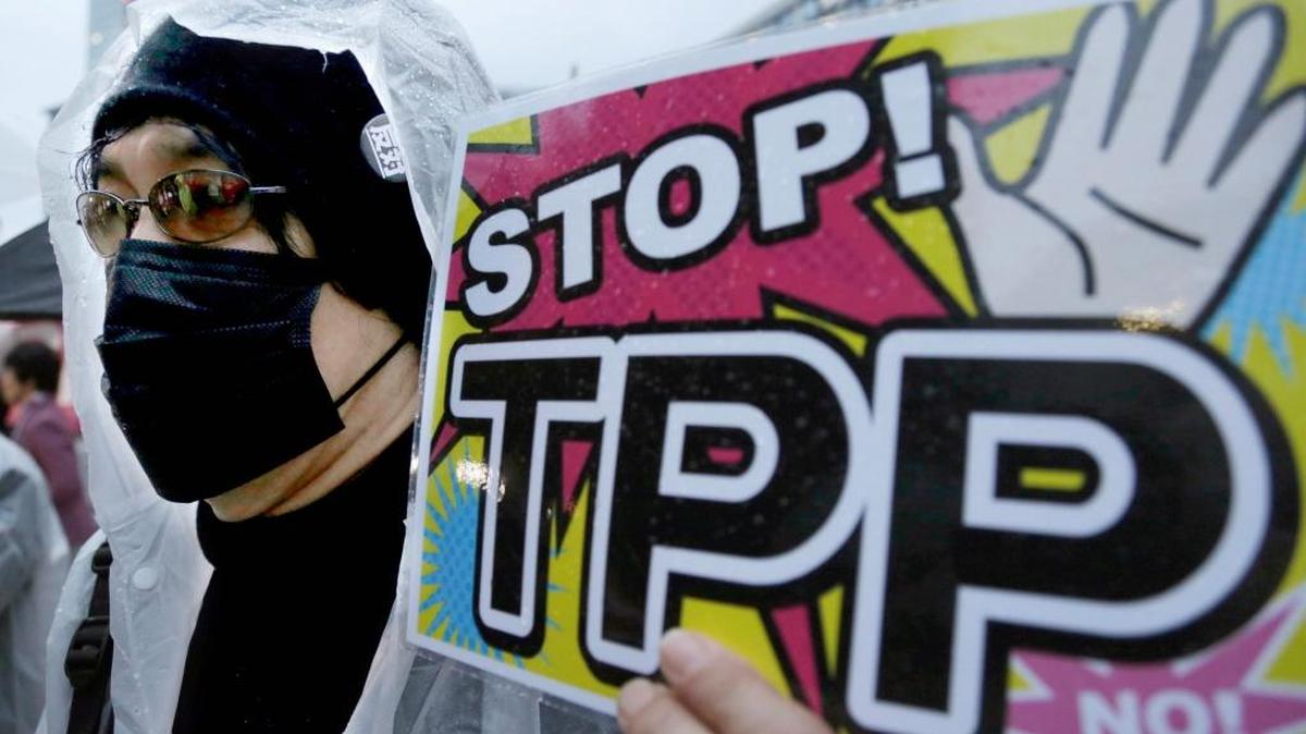 A protester holds a placard during a rally against the Trans-Pacific Partnership in Tokyo in 2014. Donald Trump and Hillary Clinton agree on almost nothing except for their dislike of the TPP, which President Obama seeks to erase most tariffs and other trade barriers among the U.S. and 11 other nations. Ed Lotterman questions the partnership’s benefits.