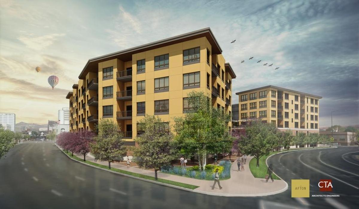 An artist’s rendering of the second, 35-unit building going up at The Afton condos, on River Street between 8th and 9th streets near the Downtown library. The first building, in the background, was finished in 2017.