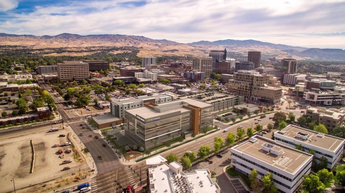 Rendering of the finished Pioneer Crossing project, with offices, a hotel, parking, dining and other amenities.