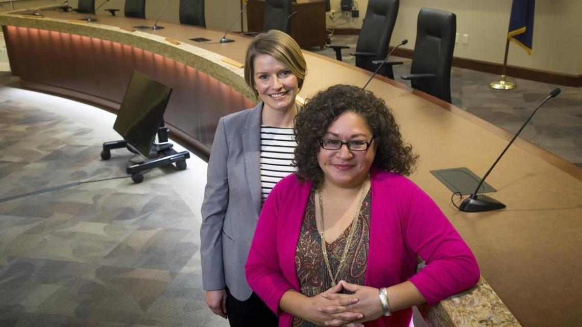The election of Lisa Sanchez, front, a liberal Hispanic motivated to run for office in part by Donald Trump, and Democratic businesswoman Holli Woodings means that four of the Boise City Council’s six members are women.