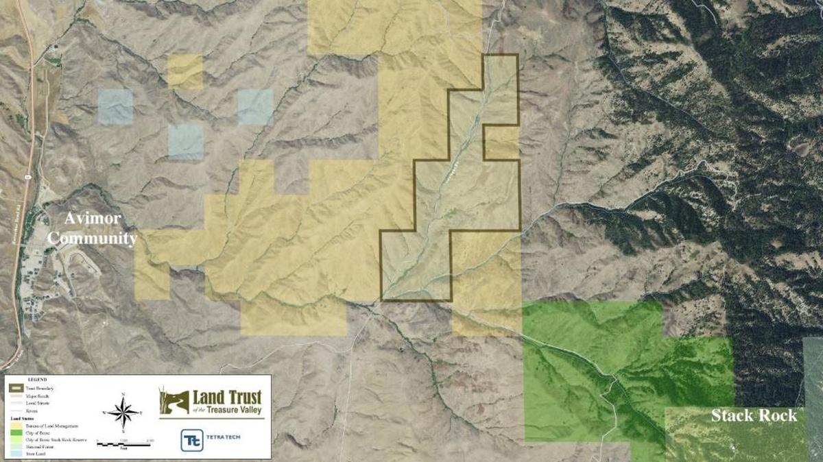 The tract outlined in brown shows the 560 acres the Land Trust of the Treasure Valley recently bought. The parcel is the final piece connecting a public lands bridge between Avimor and Stack Rock Reserve. The land shaded in green is an 840-acre piece the city of Boise bought late last year. The land in yellow is administered by the U.S. Bureau of Land Management.