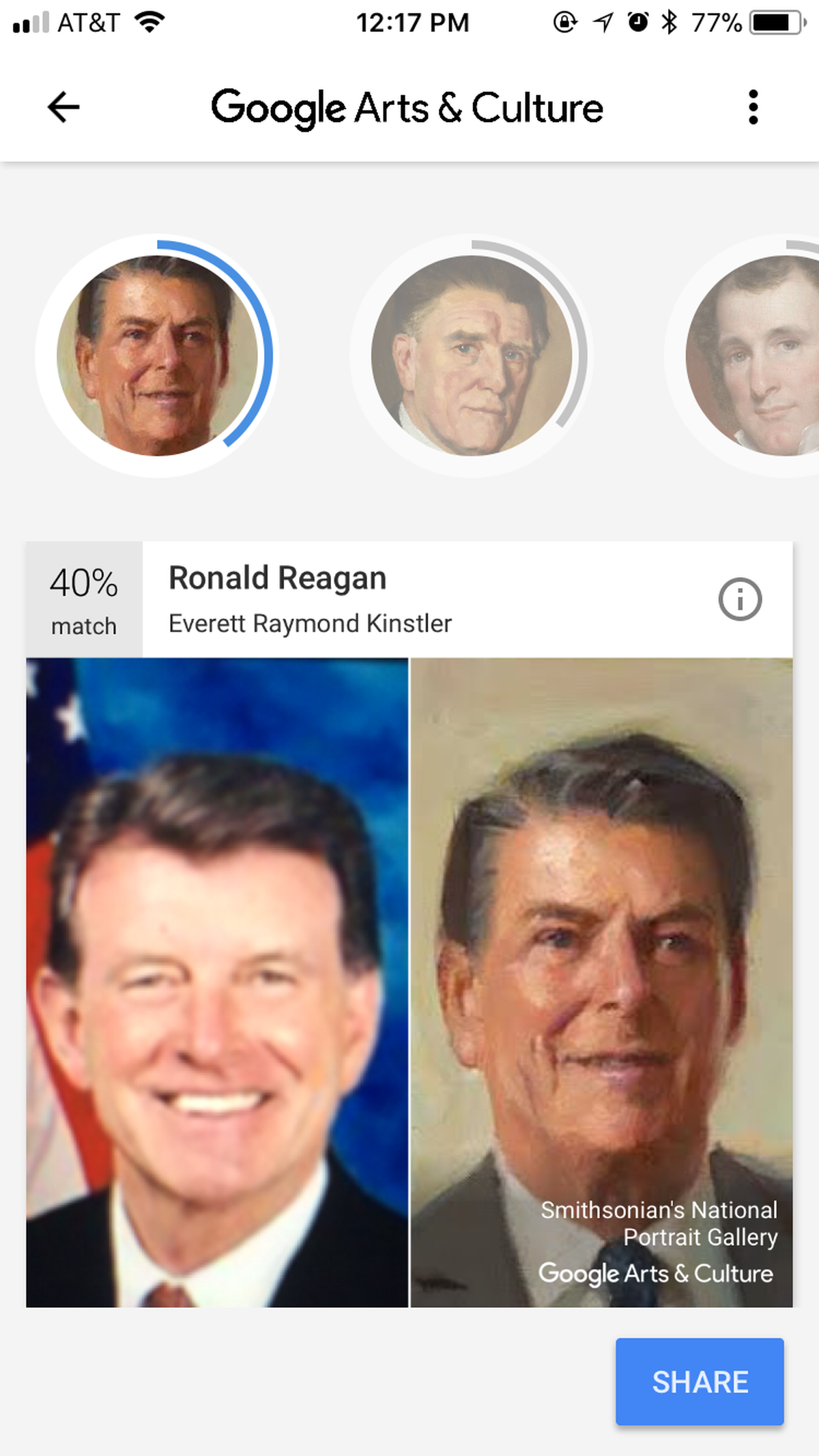 Google’s Arts and Culture app thinks Gov. Butch Otter shares features with another politician — Ronald Reagan, as painted by Everett Raymond Kinstler.