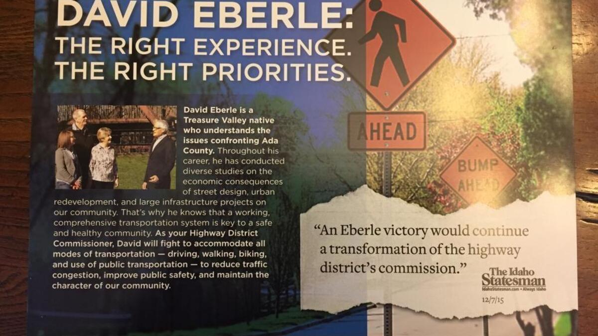 Rebecca Arnold believes her challenger, David Eberle, used the Idaho Statesman quote on this postcard to intentionally mislead voters into believing the newspaper had endorsed him.
