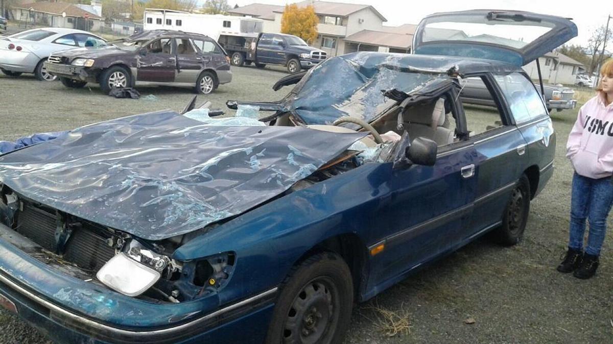 The Garner’s damaged Subaru. Doris Garner was cut out of the car.