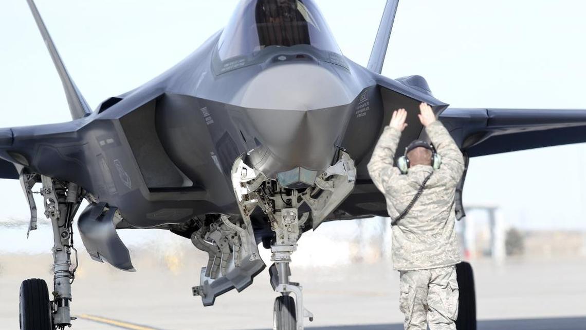 Maj. Ethan Sabin taxis after landing an F-35 at Mountain Home Air Force Base in February 2016.