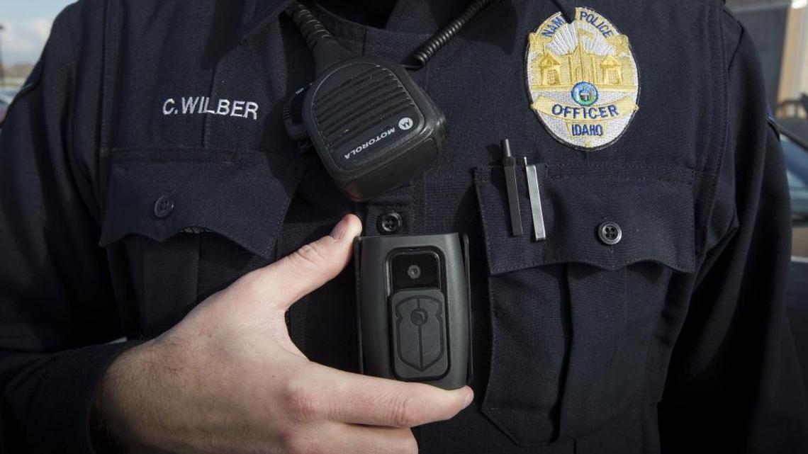 Officers with the Nampa Police Department wear CopVu video cameras mounted on their chests.