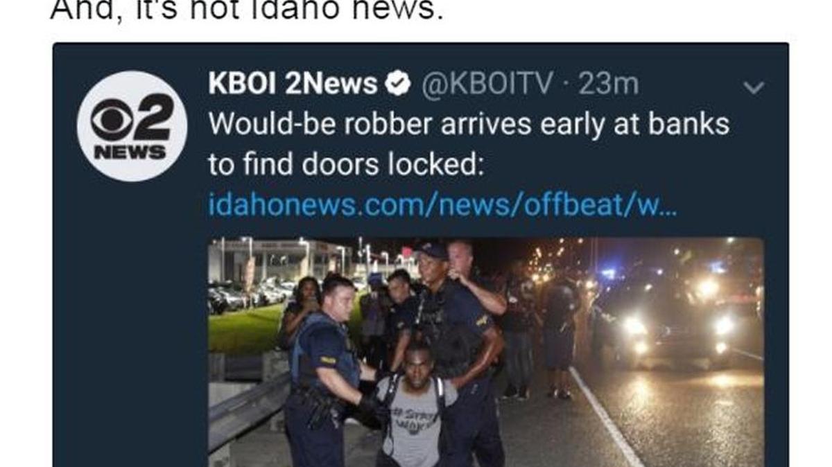 Twitter user @J_Buck3’s screenshot shows a now-deleted tweet from Idaho TV news station KBOI. The tweet mistakenly used the photo of Black Lives Matter activist DeRay Mckesson in a story about a bank robbery, sparking outrage on the social media site and an apology from KBOI.