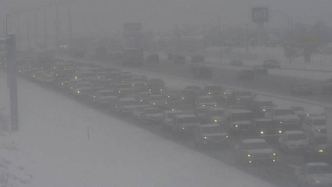 An Idaho Transportation Department traffic camera shows traffic backed up near Meridian on I-84 westbound.