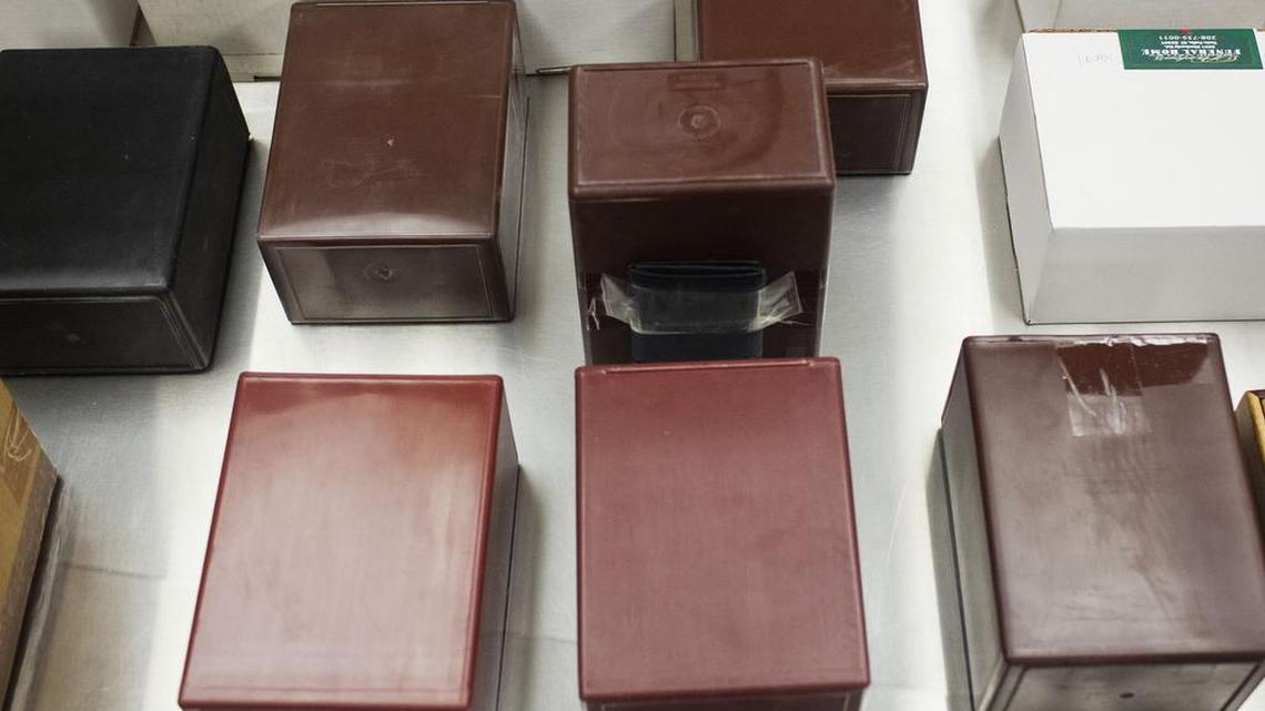Cremated remains in boxes in the Twin Falls County Coroner’s Office on Tuesday in Twin Falls.