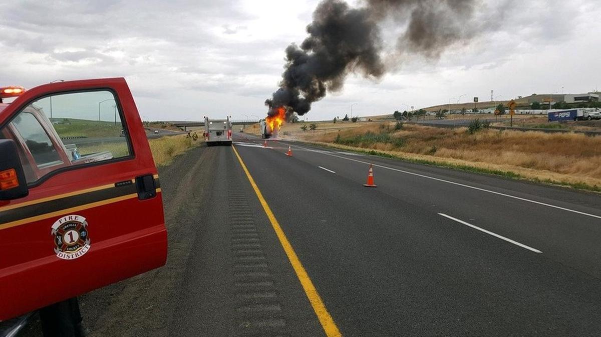 Oregon State Police released this photo of a truck fire near Pendleton that resulted in westbound lane closures on Interstate 84 Thursday.